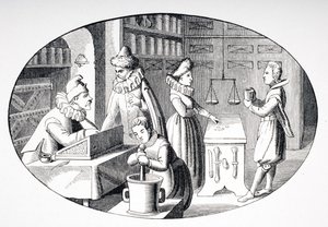 1847年に出版されたポールラクロア（1806-84）による「ルモヤンエイジエラルネサンス」からの、17世紀の食料品店と薬剤師の店 作： French School